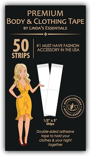 Linda's Essentials Double Sided Body and Fashion Tape (50 Pack) - Extra Adhesive Double Sided Boob Tape for Clothes & Skin, All Fabric Types, Perfect for Dresses, Body & Bra Support