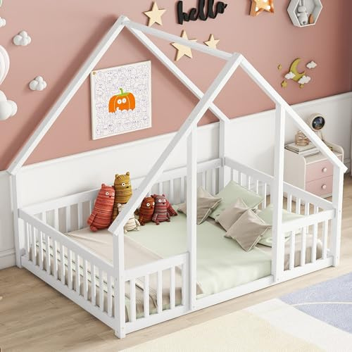 Bellemave Full Floor Bed for Kids, Girls, Boys, Wood House Bed Frame, House Floor Bed for Kids, Full Size Montessori Floor Bed with Fence, Playhouse, White