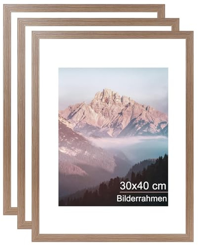 OMISHE Pack de 3 marcos de fotos de madera maciza de 30 x 40 cm, marco de 30 x 40 cm, marco de fotos rústico marrón de 30 x 40 cm con paspartú de 21,5 x 28 cm y funda de plástico, marco de madera de
