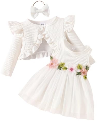 Odizli Baby Kleid M�dchen �rmellos Blume T�llkleid + Langarm Bolero + Stirnband 1. Geburtstag Outfit Neugeborene Erstausstattung Babysachen Set Herbst Babykleidung Taufkleid Wei� 6-9 Monate