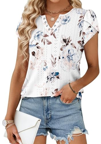 WNEEDU Camisetas Manga Corta de Pétalo Mujer Verano Elegantes Casual Blusas Cuello en V Top Camisa Blanco Floral XL