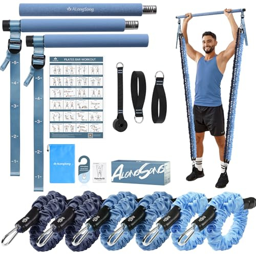 ALongSong Kit Pilates con 6 Elastici Fitness in Tessuto(20-180 LBS), 2 Cinghie per Caviglie e 1 Ancoraggio per Porta, Kit di Allenamento a Casa, Adatto per Allenamenti su Tutto il Corpo - Blu Corallo