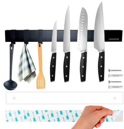 LEDINOR® 40 cm Barra Imán Cuchillos de Cocina Negra + 3 Ganchos + Tornillos y Tacos con Plantilla para Taladro + Cinta Adhesiva para Fijación sin Agujeros | Soporte Cuchillos Fijación Fácil