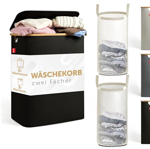 Blumtal Wäschesammler 140 L - Wäschekorb 2 Fächer mit herausnehmbarem Wäschesäcken - Pfandflaschen Aufbewahrung - laundry basket - Wäschekorb schwarz & schmal - Wäschebox klein