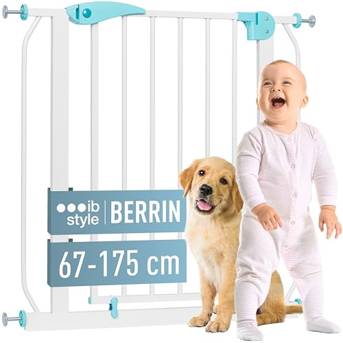 ib style Cancelletto per Bambini di Sicurezza Berrin - Scale e Porte, Senza forature, Metallo, 90° Stop, Anche per Cani e Animali Domestici, Bianco Turchese, Larghezza: 67-75 cm