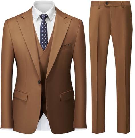 MODFUL Costume 3 pièces pour homme - Coupe ajustée - Business - Un bouton - Smoking - Blazer de mariage - Gilet et pantalon - Ensemble, marron, L