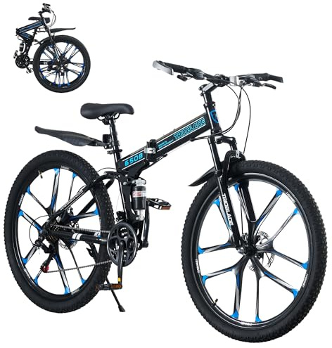 LSLIFE Folding Mountain Bike, 27.5 Inch Folding Bike for Adult 21-Speed Folding Bicycle for Men Women Dual Disc Brakes 3/10 Blade Wheels Bike with Shock Absorber (10 Blade Wheel Style, Black & Blue)