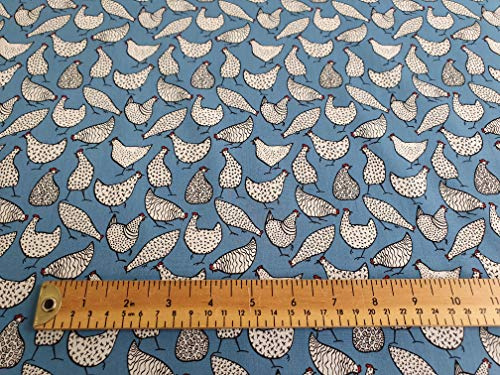 Oddies Cotton Poplin 'Chickens' Print Design - Blue Background 112 cm 100% Cotton Fabric -130gsm - Per Metre (Copen Blue)