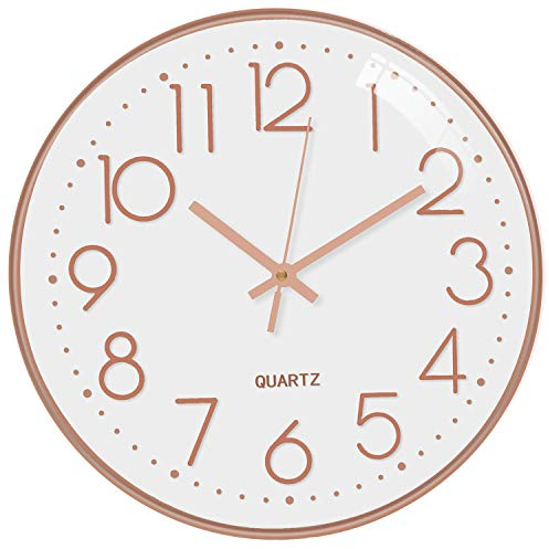 Outpicker Wanduhr Ohne Tickgeräusche 30cm Modern Quartz Lautlos Wanduhr Schleichende Sekunde, für Wohnzimmer Kinderzimmer Küche (Weißes Roségold)