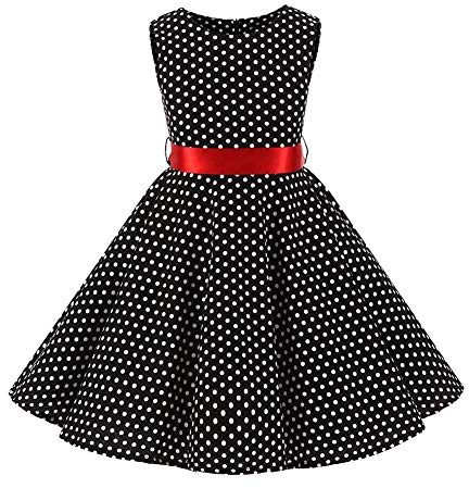 Vestido de verano para niña, estampado de flores, estilo vintage, de los años 50, de lunares, vestido de fiesta, princesa, de algodón, para bodas, estilo retro, con cinturón de cadera Negro 5-6 Años