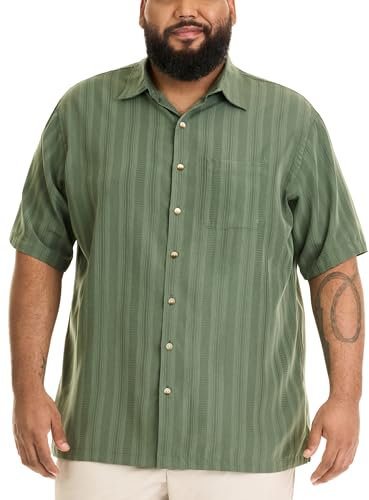 Van Heusen Men's Big and Tall Air Short Sleeve Button Down Poly Rayon Stripe Shirt, Deep Forest 1, 3XL