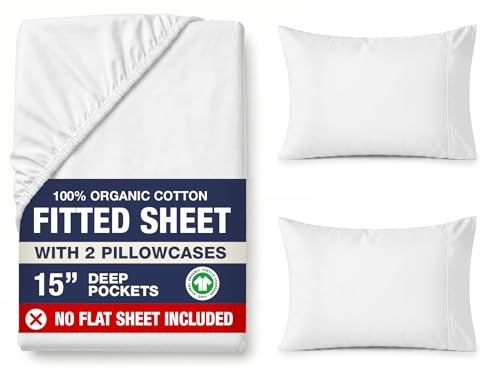LANE LINEN Fitted Sheet Full Size, 100% Organic Cotton, 3-Piece Set (1 Fitted Sheet, 2 Pillowcases) Percale Weave, Bed Fitted Sheets, Breathable, Fits Mattress Upto 15 Deep - White (No Flat Sheet)
