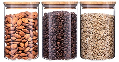 Igluu Meal Prep Bocaux en Verre (Lot de 3) – Couvercles en Bambou – Rangement étanche pour pâtes, céréales, café – Sans Plastique – 900 ml – Verre Borosilicate