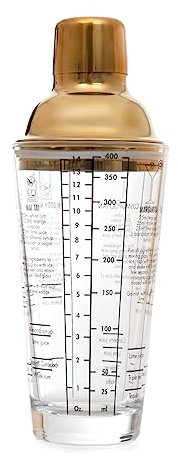 HOMLA Moi Cocktail Shaker – Shaker con coperchio dorato – Elegante accessorio da cucina – per la preparazione di bevande – Bottiglia di vetro trasparente – Misurino su shaker – 0,4 l