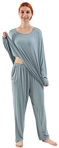amropi Pigiama Donna Oversize Set da Pigiami Manica Lunga Maglietta e Pantaloni Camicia da Notte Blu,4XL