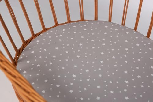 Mionido Spannbettlaken für Stubenwagen & Kinderwagen, Doppelpack 75 x 40 cm, kleine Sterne grau-weiß, Matratzen-Bezug 75x40 für ovale Matratze, 100% Baumwolle, 100% in Deutschland gefertigt