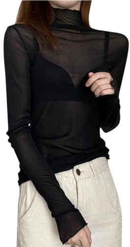 Minetom Femme Mesh T-Shirt à Manches Longues Moulante Elastique Transparente Blouse Col Roulé Soirée Club Chemise Hauts Tops B Noir M