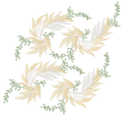 GORGECRAFT 4 Toppa Ricamata Termoadesiva con Foglie Stile 2 Champagne Giallo Grande Toppa Ricamata Foglia di Vite da Cucire Foglia Ricamo Applique per Indumenti Tende Cuscini Coperte Vestiti