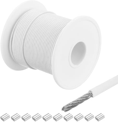 QUARKZMAN Cable de Acero Inoxidable 304 Recubierto de Vinilo de 100 Pies (30 Metros) 5/64 (2 mm) con 10 Piezas de Manguitos de Aluminio para Colgar, Tendederos, Elevación Blanco