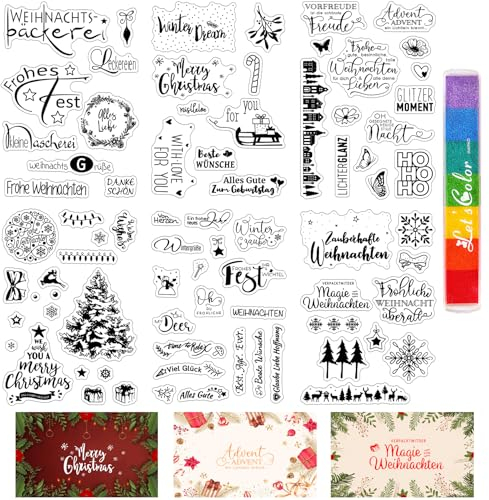ROEOWENE 6 PCS Silikonstempel Weihnachten Deutsch mit Stempelkissen Clear Stamps Christmas Sprüche Transparent Silikonstempel Glückwunsch Stempel Frohe Weihnachten für DIY Scrapbooking,Journal
