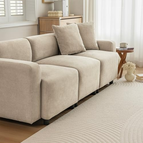 MSMOK Sofá normal, diseño moderno, 3 plazas, beige, tela, chenilla, 211*67*71cm