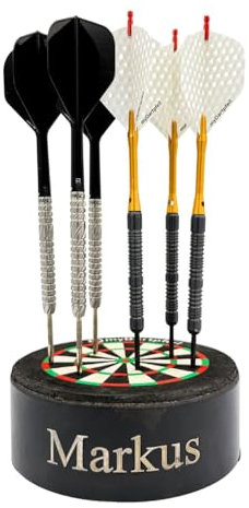 Personalisierter Dartpfeil Halter mit Namen | Dartpfeile Halterung mit Gravur für 12 Dartpfeile | 10cm Dart Dock als Mini Dartscheibe | Dart Ständer personalisiert Steeldart & E-Dart als Dart Geschenk