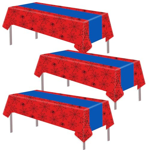 SAVITA 3pcs Spider Birthday Party Tablecloths, 54x108in Non-Reusable PE Material Blue and Red Spider Web Table Cover for Baby Shower Kids Themed Birthday Party Supplies