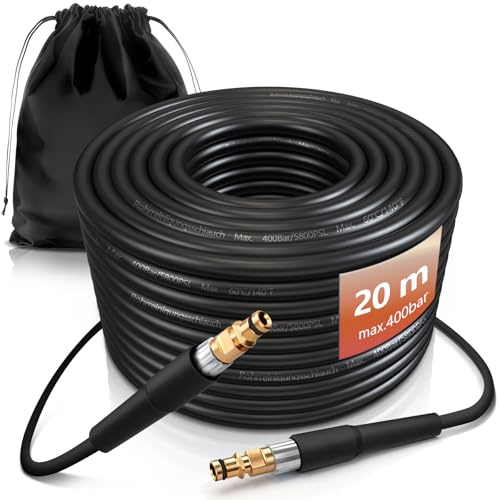 Rörrengöringsslang set 20 m, 400 bar, 60 °C, kompatibel med K2-K7, hård högtryckstvätt rörrengöringssats, högtrycksslang med väska, effektiv rengöring av rör och avlopp