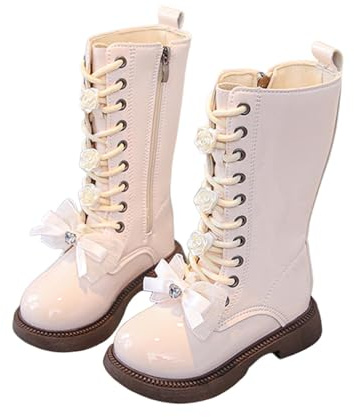 BVEBJDX Knee High Boots for Kids Girls Cute Bow Flower Princess Boot Lace Up Booties Round Toe Shoes Side Zip Boots Cowgirl Cowboy Western Boot Mid Calf Riding Shoes Girl Autumn Winter Footwear