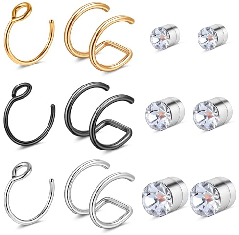 HekouJiub 12 st falska septum piercingar 16G näsring plugg näspiercingar rostfritt stål magnetisk piercing ring öron och läpp smycken för kvinnor män