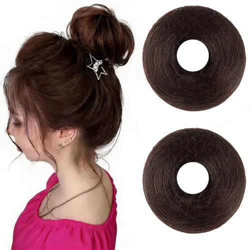 Messy Bun Hair Piece Human Hair 2 Counts Straight Scrunchies Human Chignon Ponytail Extensions-Natural Look, Long Lasting & Easy to Wear for Women, Kids, Brides Daily Work Wedding Hairstyle Dark Brown