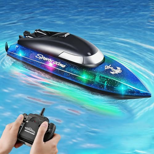 Yaskyly Barca Telecomandata 100 Minuti, 2.4Ghz Motoscafo Telecomandato 15 km/h Antiribaltamento con Luce LED per Lago Piscina Stagno Ricaricabile Barca da Corsa per Bambini