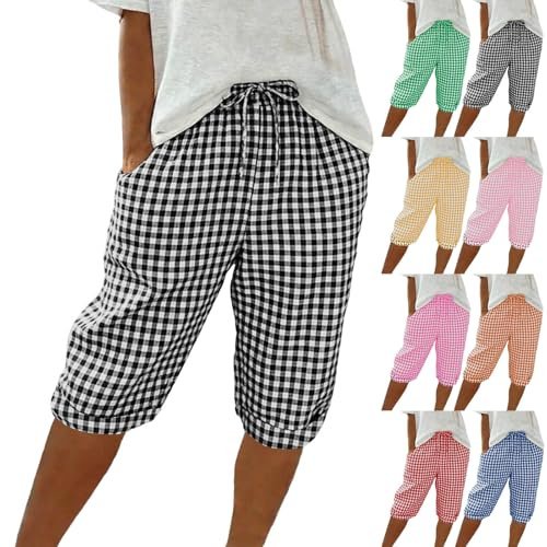 Saxrel Bermuda Shorts for Women Gingham & Striped Hiking Pants - Drawstring Waist Ladies Knee Length Linen Shorts with Pockets Summer Culottes for Daily Commute Casual Wear Outdoor Walks