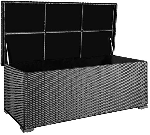 RS Trade® exclusive 'Sienna' 650l Polyrattan Garten Kissenbox wetterfest wasserdicht 155 x 73 x 60 cm, Auflagenbox mit verstärktem Deckel und Gasdruckfedern, als Sitztruhe oder Tischplatte; Silber