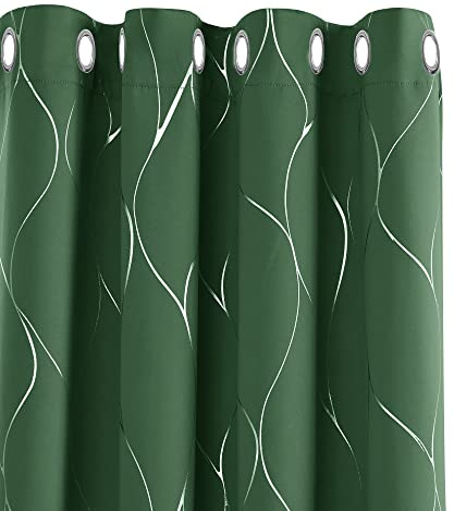 Deconovo Thermal Insulated Blackout Curtains Silver Wave Line Foil Printed Eyelet Curtains for Christmas Dark Forest W46 x L72 One Pair