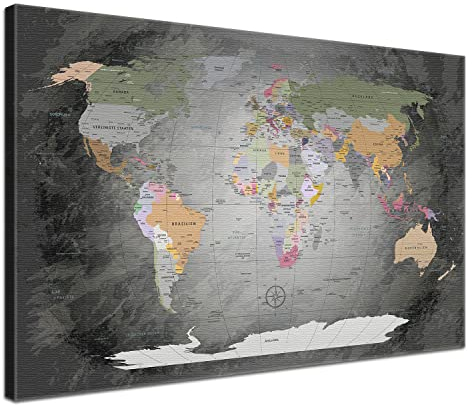 LANA KK Stilvolle Pinnwand Weltkarte - Edelgrau - Deutsch in 80 x 60 cm, stabile Rückwand zum Pinnen inkl. Starterkit - Leinwand-Kunstdruck Wandbild Landkarte XXL