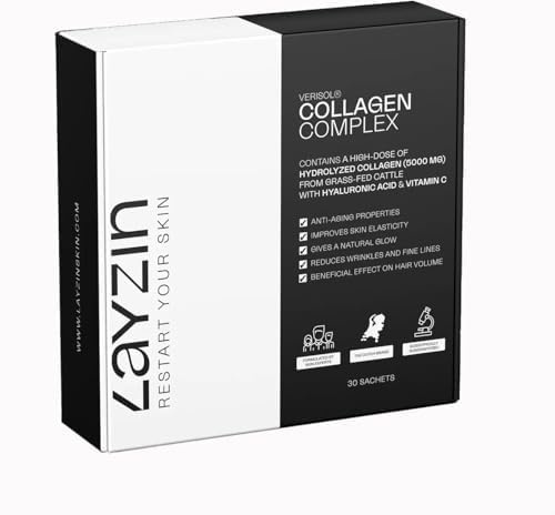 LAYZINKollagenpulver för Kvinnor med Verisol® Kollagen, Hyaluronsyra & Vitamin C – Anti-Aging Skönhetsformula för Hudföryngring samt Hår & Naglar – Stärker Huden, Halal – 30 Portionspåsar, Unisex
