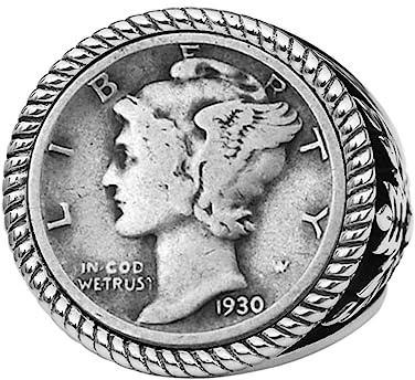 US 1930 Mercury Dime 90% Silver Coin 925 Sterling Silver Signet Ring New - Bank Note Olive Leaf Design (10)
