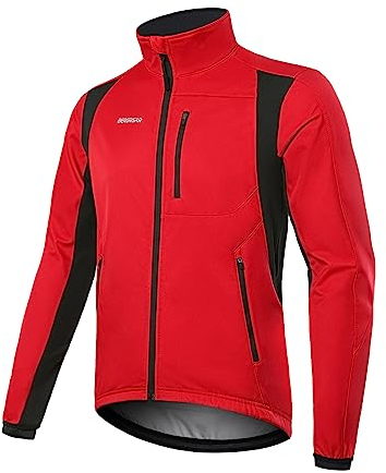 BERGRISAR Herren Winter Fahrradjacke Fleece Winddicht Wasserdicht Atmungsaktiv Radsport-jacken mit 6 Taschen Rot Groß
