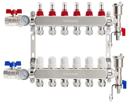 VANCOCO Collecteur Plancher Chauffage en Acier Inoxydable pour 6 Circuits avec Raccord Eurokonus 3/4 (16 x 2 mm), Collecteur pour Chauffage avec Débitmètres, Kit de Purge Rapide, Vannes à Bille 1