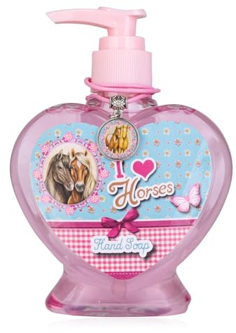 Accentra Handseife für Kinder I LOVE HORSES, 200ml cremige Seife im rosa Pumpspender mit Pferde/Pony Motiv, schonend-reinigende Handseife mit Armband für Mädchen und Pferdefreunde