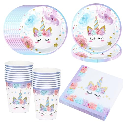 Bikasun Unicorn Party Tableware Set, 16 Guests Unicorn Plate Set, Unicorn Birthday Tableware, Children's Birthday Party Plates, Cups, Napkins, Paper Plates, Party Decorations