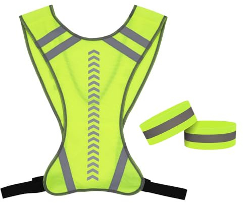 KuqitsBai Reflekterande säkerhetsvästset, reflekterande varningsväst justerbar med 2 reflektorband för cykling jogging, Grön, M-L