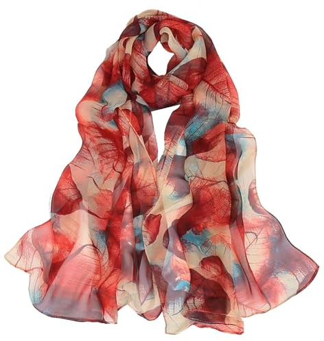 GWAWG Sommerschal Damen Dünn Chiffon Schal Leicht Blätter Rötlich-Gelb für Strand Alltag Party Bankett