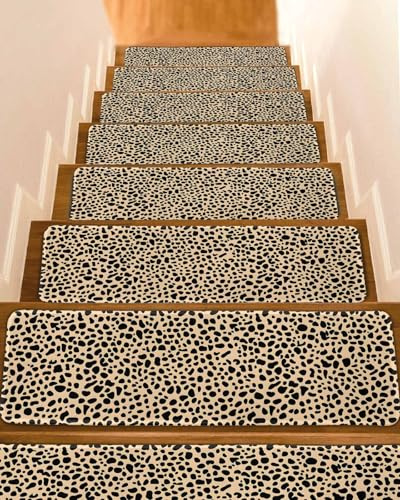 Leopard Textured Stair Treads for Wooden Steps Indoor, 7 Pack Non Slip Carpet Stair Treads for Kids Elders and Dogs with Reusable Adhesive, 8x30 inch Step Mats Modern Animals Printed Black Brown