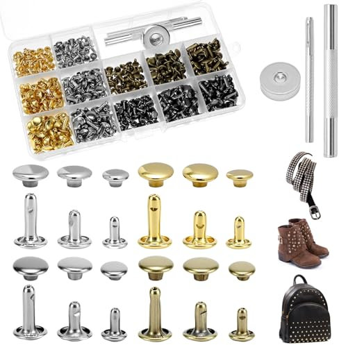 QWORK® 180 Pièces Rivets en cuir, 12/8/6mm rivets en cuir avec rivets en métal double cap, rivets au style vintage avec 3 outils