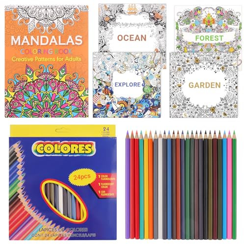 RtottiM 5 Malbücher für Erwachsene und 24 Buntstifte im Set, entspannen und Stress abbauen, Ängste lindern, Mandala-Garten und Wald, Ozean, Garten, Erkundungsthema