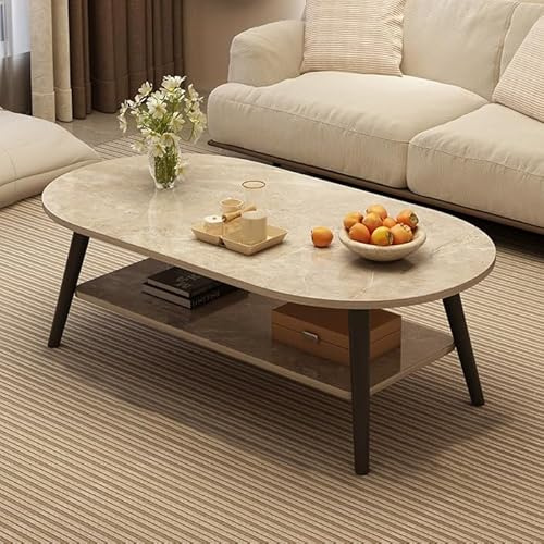 Mesa de centro ovalada minimalista de 2 niveles con almacenamiento para sala de estar, mesa auxiliar pequeña para espacios reducidos, dormitorio, acabado en piedra, mesa central de 80 cm