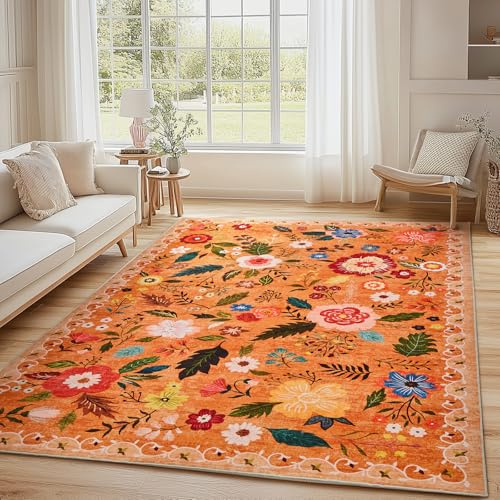 Alfombra de salón, 140 x 200 cm, estilo vintage floral, lavable y antideslizante, estampado plano, diseño ultrafino, ideal para dormitorios, habitaciones infantiles, baños y lavanderías, color naranja