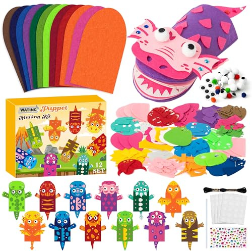 WATINC 12 Pcs Dinosaurs Hand Puppet Making Kit, Felt Sock Puppet Toys | Creative DIY Art Craft Make Your Own Pompoms Wiggle Googly Eyes Storytelling Role Play Party Supplies Gift for Girls Boys